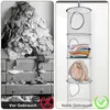 A split image showing a messy dresser full of clothes on the left and a hanging storage organizer with neatly folded clothes and a stuffed animal on the right. Produktbild-Vorschau