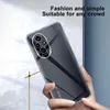 A hand holding a clear phone case with a phone inside, against a textured background. Produktbild-Vorschau
