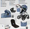 A collection of baby stroller components and accessories displayed on white pedestals. Produktbild-Vorschau