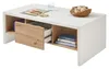 A white coffee table with a wood-effect drawer and shelf, displaying books and decorative items. Produktbild-Vorschau
