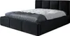 A black upholstered bed with a white and gray comforter is shown against a white background. Produktbild-Vorschau