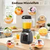 A blender is shown on a kitchen counter surrounded by circular images showcasing various food and drink preparations made with the blender. Produktbild-Vorschau