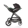 A side view of a black and green baby stroller with a car seat attached, isolated on a white background. Náhled obrázku produktu