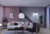 A modern living room with a white sofa, a black armchair, and a large geometric pendant light. Náhled obrázku produktu