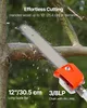 A close-up of a chainsaw cutting a tree branch, with text overlays describing its features. Produktbild-Vorschau