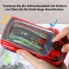 Rotes Handheld-Autorennspiel mit klarem Bildschirm, der eine Straße und Autos zeigt, in Händen gehalten Anteprima dell’immagine prodotto
