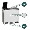A white three-compartment trash can with open lid and labels pointing to its features. Produktbild-Vorschau