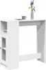 A white bar table with a shelf and a glass-doored cabinet on the left, shown against a white background. A vase with purple flowers and a coffee cup are on the tabletop. Náhled obrázku produktu