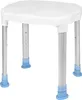 A white and silver adjustable shower stool with blue feet on a white background. Voir les images du produit