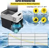 A portable car refrigerator with a cutaway showing the compressor, set against a snowy mountain background. A graph shows temperature drop over time, and icons illustrate different food items and their ideal temperatures. Voir les images du produit