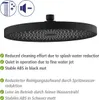 A black shower head with descriptive text below it. Produktbild-Vorschau