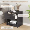 A dark gray nightstand with an open drawer, displaying its storage options with text overlays. Podgląd zdjęcia produktu