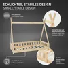 A wooden tipi-style children's bed with various features highlighted by text overlays and close-up insets. Produktbild-Vorschau