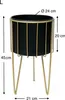A black planter with a gold metal stand, with dimensions indicated by text and arrows. Podgląd zdjęcia produktu