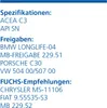 A list of specifications, approvals, and recommendations for a product, likely an automotive lubricant. Produktbild-Vorschau