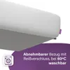 Close-up of a mattress corner with a purple overlay containing text and icons. Produktbild-Vorschau