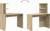 Two views of a wooden desk with shelves, showing its reversible configuration. Náhled obrázku produktu