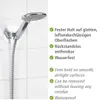 A shower head holder mounted on a tiled wall, with descriptive text in German and English. Anteprima dell’immagine prodotto