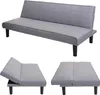 A gray sofa bed shown in three different configurations: as a sofa, partially folded, and fully folded flat.