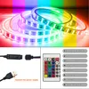 A collage of images showing LED strip lights, a USB power cable, a controller, and a remote control with labeled functions. Produktbild-Vorschau