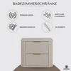 A marketing image for bathroom cabinets, showcasing features with icons and text, and a product image of a cabinet with two drawers. Produktbild-Vorschau