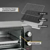 A close-up view of a mini oven with its accessories displayed above, and labels pointing out features. Voir les images du produit