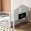 A white wooden children's bed with a house-shaped headboard and a chalkboard attached. Náhled obrázku produktu