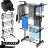 A product image showing a metal drying rack with clothes and towels on it, along with a close-up of a wheel and a separate accessory. Produktbild-Vorschau