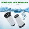 Two vacuum cleaner filters are shown submerged in water with bubbles, suggesting they are being washed. Produktbild-Vorschau