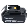 A black Makita 18V lithium-ion battery with white and yellow accents, shown from a slightly elevated front-side angle on a white background. Produktbild-Vorschau