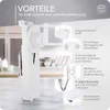 A white mandoline slicer is shown on a marble countertop, with various attachments and feature callouts displayed to the right. Podgląd zdjęcia produktu