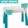 A white and teal water table with two teal cups attached, shown with red arrows indicating assembly. Produktbild-Vorschau