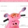 Close-up view of the handlebars and dashboard of a pink toy motorcycle, with labels pointing out various features. Náhled obrázku produktu