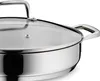 A close-up view of a stainless steel serving pan with a glass lid. Podgląd zdjęcia produktu