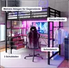 A loft bed with a desk and gaming chair setup, featuring LED lighting and various storage options. Náhled obrázku produktu