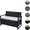 A black poly-rattan storage bench with a gray cushion, shown against a white background. Small circular swatches showing different color options are displayed on the right side of the image. Voir les images du produit