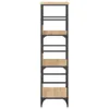 A tall, narrow bookshelf with a metal frame and wooden shelves against a white background. Podgląd zdjęcia produktu