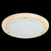 A round ceiling light with a wooden frame and a frosted glass diffuser, isolated on a black background. Produktbild-Vorschau