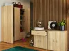A room with wooden slatted walls, featuring a light brown wooden dresser with an open drawer, a wardrobe with open doors, and decorative items like a vinyl record and a plant. Náhľad obrázku produktu