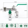 A product shot of a garden faucet with dimensions and feature icons. Podgląd zdjęcia produktu