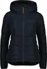 A studio shot of a navy blue puffer jacket.