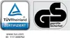 The image displays two certification logos: TÜV Rheinland ZERTIFIZIERT and GS geprüfte Sicherheit. Below the TÜV Rheinland logo, there is a website address and an ID number. Anteprima dell’immagine prodotto