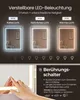 Demonstration of adjustable LED lighting on a mirror with different color temperatures and brightness levels, along with touch switch operation. Produktbild-Vorschau