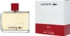 A bottle of Lacoste Red eau de toilette and its packaging are displayed side-by-side. Voir les images du produit