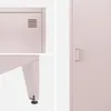 A collage of close-up shots of a pink industrial steel cabinet, showing ventilation details, a handle, and a leg with a leveling foot. Produktbild-Vorschau