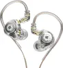 A pair of transparent in-ear monitor headphones with silver accents and gold drivers, shown against a white background. Produktbild-Vorschau
