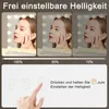 A collage of three images showing a woman using a makeup mirror with LED lights at different brightness levels, followed by an illustration of touch controls for brightness adjustment. Produktbild-Vorschau