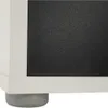 Close-up of the bottom corner of a piece of furniture, showing a white frame, a black textured surface, and a gray plastic foot. Náhled obrázku produktu