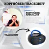 A collage of images and text highlighting product features like headphone connection and carrying handle, with a picture of a child using headphones and a boombox. Voir les images du produit