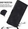 A black wallet case for a Huawei P40 Lite is shown at an angle, with text highlighting its drop protection features. Produktbild-Vorschau